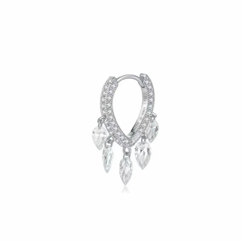 A high-resolution studio photograph of the Eternal Radiance Heart Dangle Full Pavé Hoop by LTM Jewels. This 18K solid gold jewelry piece features a brilliant heart-shaped frame with a unique inverted pear-cut diamond center. The heart dangle is suspended from a luxurious hoop featuring a full pavé setting and a five-stone accent. All stones are VVS-VS clarity and D-E colorless lab diamonds. The high-polish AU750 gold finish and modular design are highlighted against a clean, professional background.