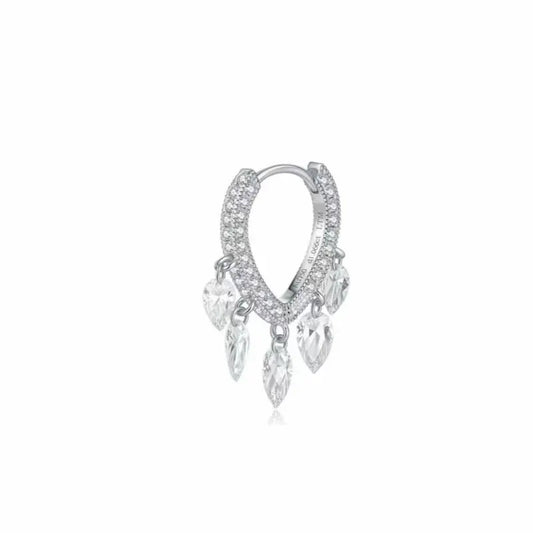A high-resolution studio photograph of the Eternal Radiance Heart Dangle Full Pavé Hoop by LTM Jewels. This 18K solid gold jewelry piece features a brilliant heart-shaped frame with a unique inverted pear-cut diamond center. The heart dangle is suspended from a luxurious hoop featuring a full pavé setting and a five-stone accent. All stones are VVS-VS clarity and D-E colorless lab diamonds. The high-polish AU750 gold finish and modular design are highlighted against a clean, professional background.