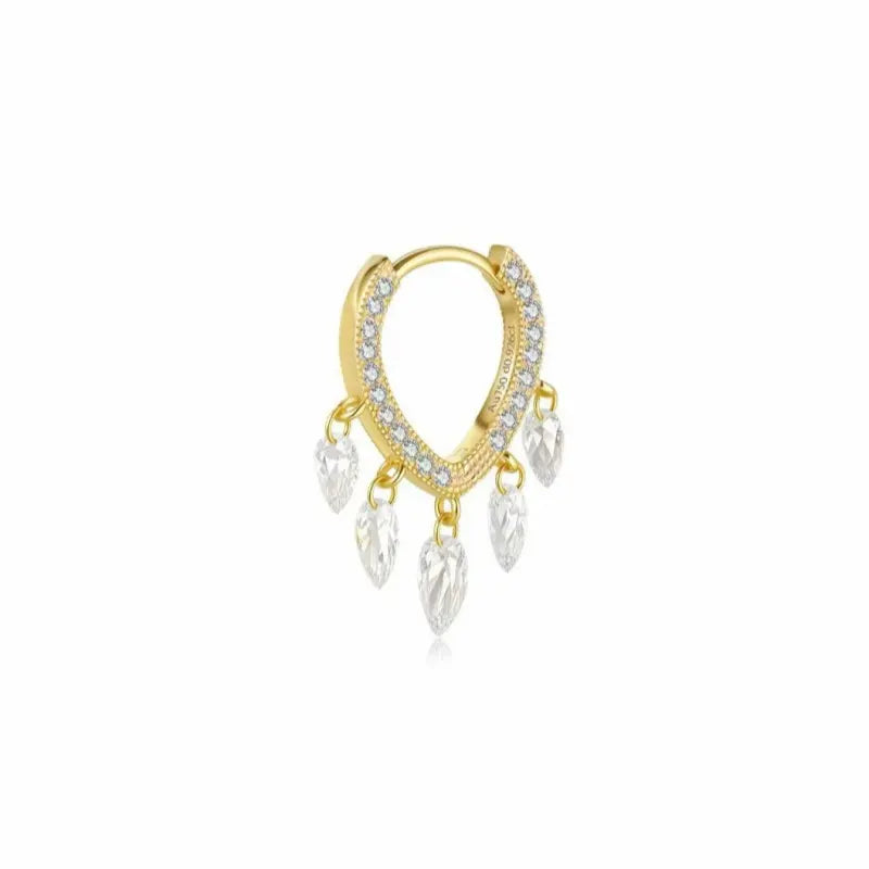 A high-resolution studio photograph of the Eternal Radiance Heart Dangle Full Pavé Hoop by LTM Jewels. This 18K solid gold jewelry piece features a brilliant heart-shaped frame with a unique inverted pear-cut diamond center. The heart dangle is suspended from a luxurious hoop featuring a full pavé setting and a five-stone accent. All stones are VVS-VS clarity and D-E colorless lab diamonds. The high-polish AU750 gold finish and modular design are highlighted against a clean, professional background.