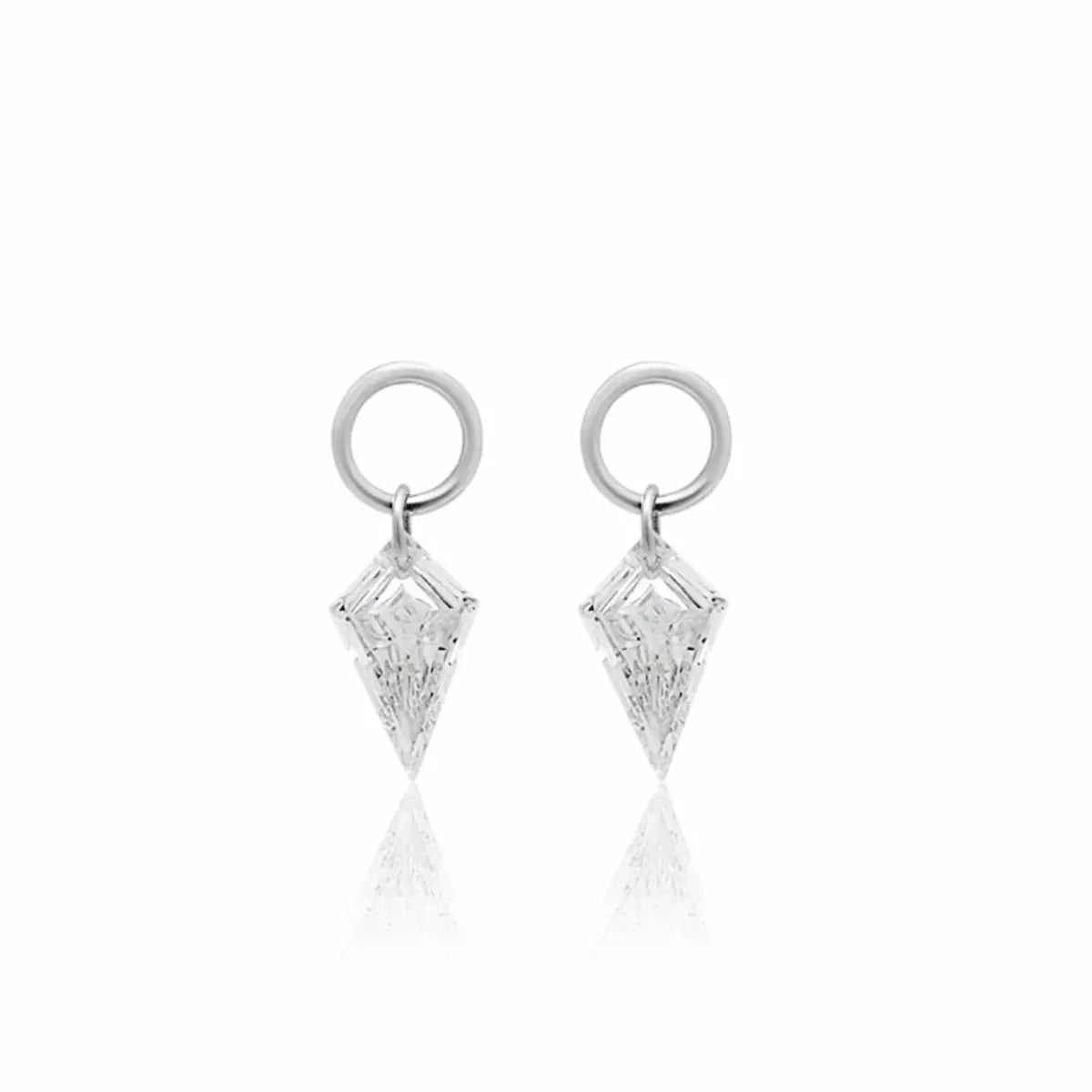 This main product image showcases the Kite Diamond Earring Charm from the Architectural Rhythm collection by LTM & CO., suspended gracefully against a pure white background. The centerpiece is a meticulously faceted, ethically sourced lab-grown diamond cut into a striking, elongated kite shape, embodying modern geometric precision. At the apex of the kite, the brand's signature, innovative laser-drilling technology is clearly visible, completely bypassing traditional, bulky prong or bezel settings.