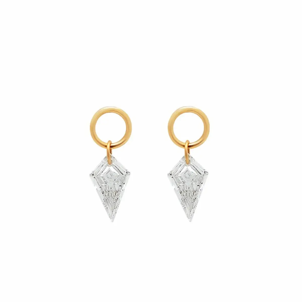 This main product image showcases the Kite Diamond Earring Charm from the Architectural Rhythm collection by LTM & CO., suspended gracefully against a pure white background. The centerpiece is a meticulously faceted, ethically sourced lab-grown diamond cut into a striking, elongated kite shape, embodying modern geometric precision. At the apex of the kite, the brand's signature, innovative laser-drilling technology is clearly visible, completely bypassing traditional, bulky prong or bezel settings.