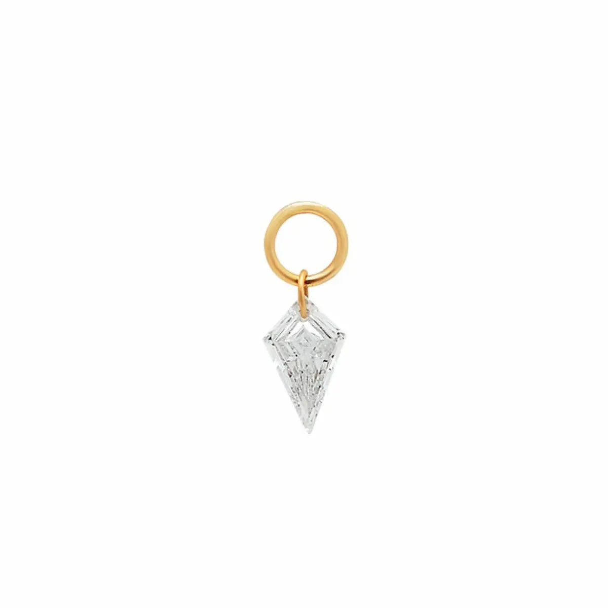 This main product image showcases the Kite Diamond Earring Charm from the Architectural Rhythm collection by LTM & CO., suspended gracefully against a pure white background. The centerpiece is a meticulously faceted, ethically sourced lab-grown diamond cut into a striking, elongated kite shape, embodying modern geometric precision. At the apex of the kite, the brand's signature, innovative laser-drilling technology is clearly visible, completely bypassing traditional, bulky prong or bezel settings.