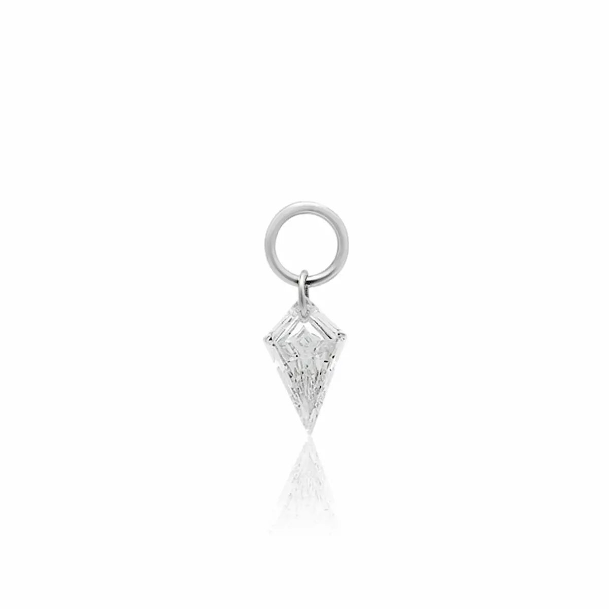 This main product image showcases the Kite Diamond Earring Charm from the Architectural Rhythm collection by LTM & CO., suspended gracefully against a pure white background. The centerpiece is a meticulously faceted, ethically sourced lab-grown diamond cut into a striking, elongated kite shape, embodying modern geometric precision. At the apex of the kite, the brand's signature, innovative laser-drilling technology is clearly visible, completely bypassing traditional, bulky prong or bezel settings.