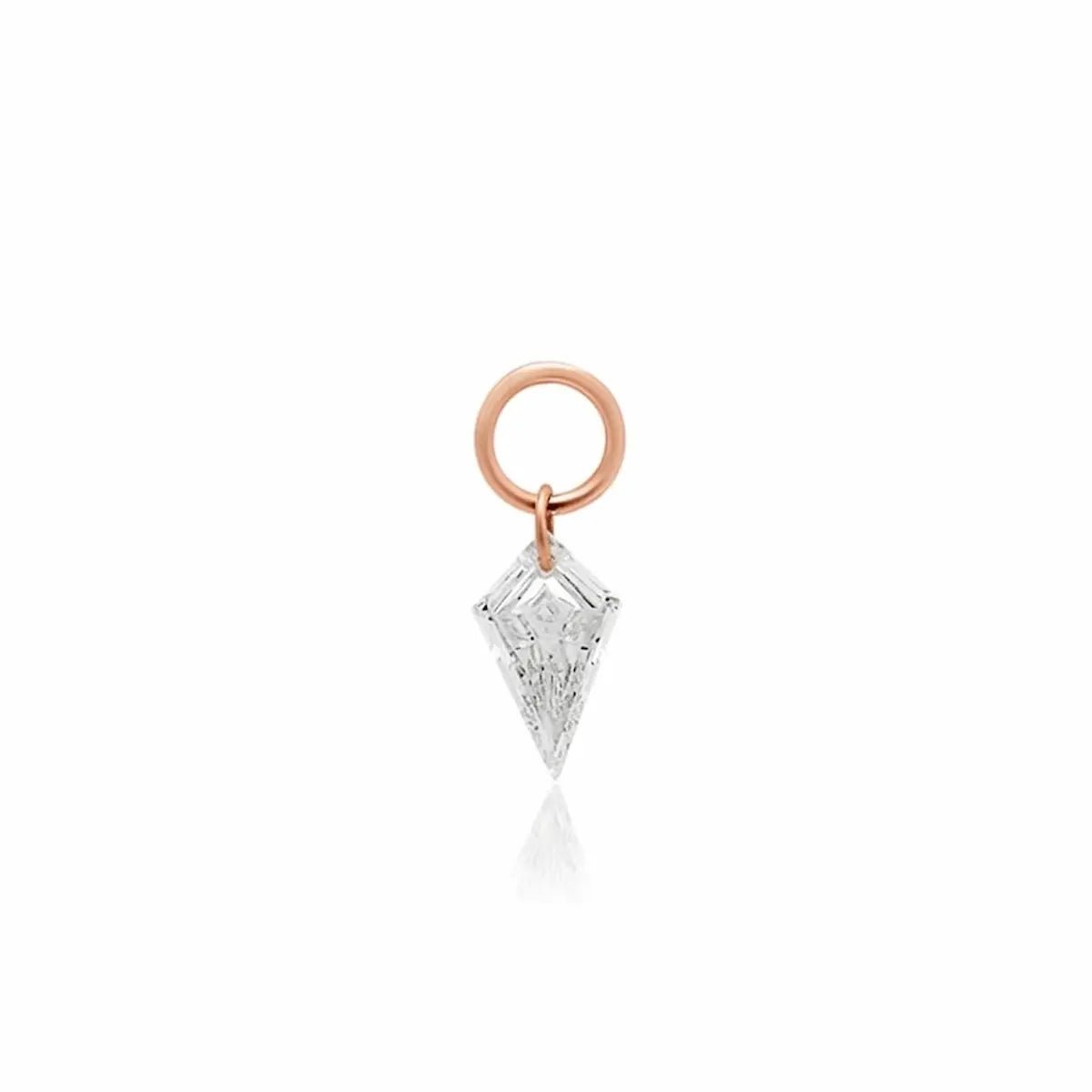 This main product image showcases the Kite Diamond Earring Charm from the Architectural Rhythm collection by LTM & CO., suspended gracefully against a pure white background. The centerpiece is a meticulously faceted, ethically sourced lab-grown diamond cut into a striking, elongated kite shape, embodying modern geometric precision. At the apex of the kite, the brand's signature, innovative laser-drilling technology is clearly visible, completely bypassing traditional, bulky prong or bezel settings.