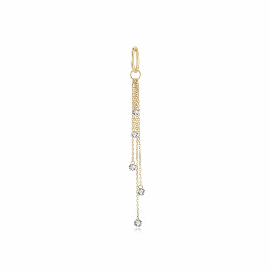 A high-resolution studio photograph of the Marquise Linear Waterfall Charm from LTM Jewels. Handcrafted in 18K solid gold, the charm features five vertically aligned marquise-cut lab-grown diamonds totaling 0.25ctw. The stones are laser-drilled for a weightless, floating effect that enhances their crystalline fire. The image highlights the high-polish AU750 gold jump ring and the architectural elegance of the vertical design against a professional clean background.