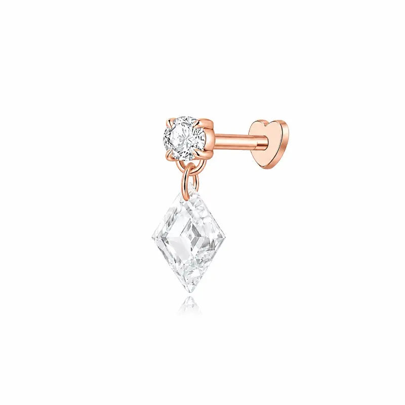 18K solid gold Lozenge Dangle Threaded Stud featuring a floating lozenge-cut lab-grown diamond paired with a suspended round diamond accent. The sculptural geometric silhouette creates architectural brilliance, fluid movement, and modern luxury curated ear styling.
