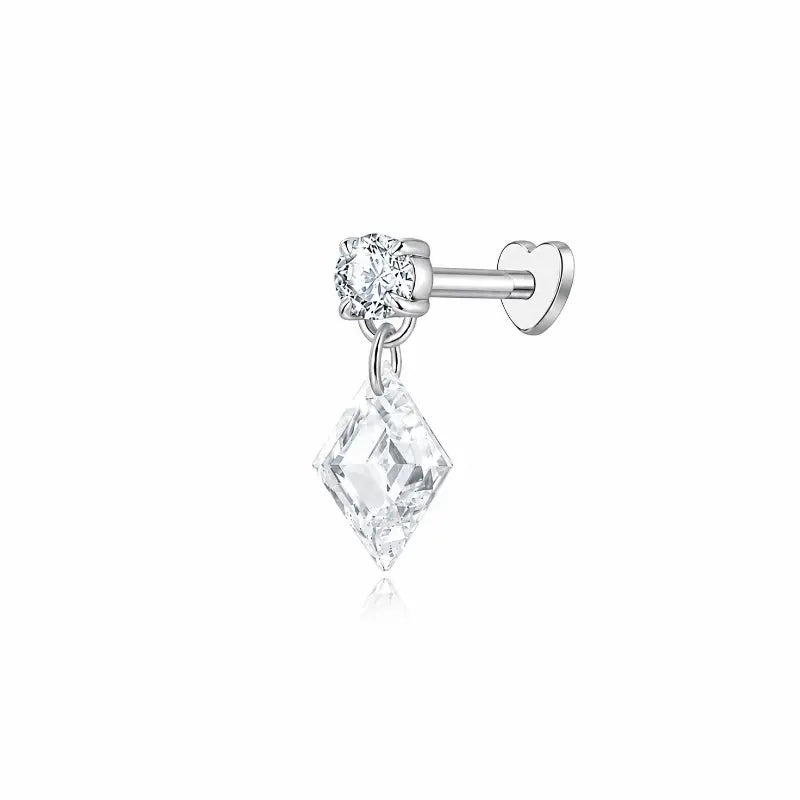 18K solid gold Lozenge Dangle Threaded Stud featuring a floating lozenge-cut lab-grown diamond paired with a suspended round diamond accent. The sculptural geometric silhouette creates architectural brilliance, fluid movement, and modern luxury curated ear styling.