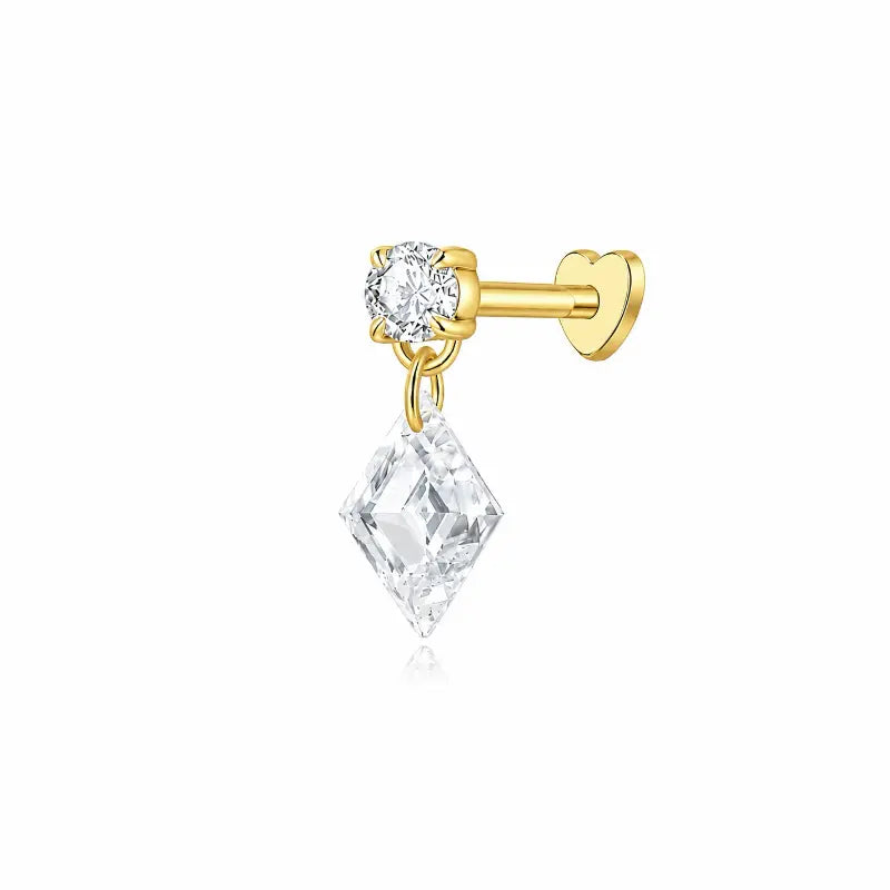 18K solid gold Lozenge Dangle Threaded Stud featuring a floating lozenge-cut lab-grown diamond paired with a suspended round diamond accent. The sculptural geometric silhouette creates architectural brilliance, fluid movement, and modern luxury curated ear styling.