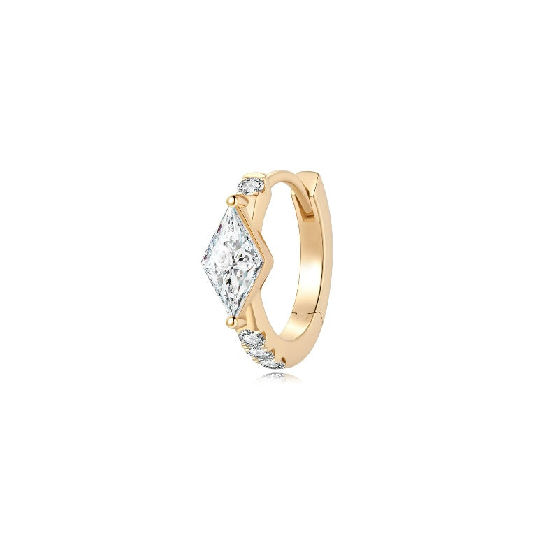 A high-resolution studio photograph of the Lozenge Pavé Hoop from the LTM Jewels Architectural Rhythm collection. This 18K solid gold 9mm hoop features a distinctive geometric lozenge silhouette adorned with approximately 0.303ctw of brilliant pavé diamonds. The image highlights the high-polish AU750 gold finish and the integrated hinge closure against a clean professional background, showcasing its status as a sophisticated contemporary heirloom with VVS-VS clarity and D-E color fire.