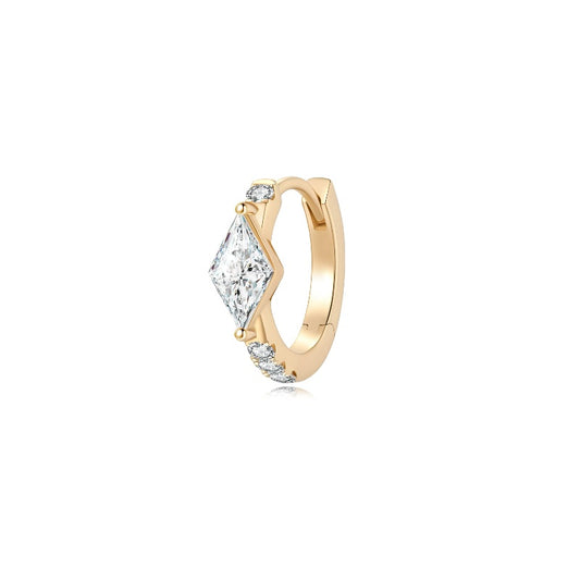 A high-resolution studio photograph of the Lozenge Pavé Hoop from the LTM Jewels Architectural Rhythm collection. This 18K solid gold 9mm hoop features a distinctive geometric lozenge silhouette adorned with approximately 0.303ctw of brilliant pavé diamonds. The image highlights the high-polish AU750 gold finish and the integrated hinge closure against a clean professional background, showcasing its status as a sophisticated contemporary heirloom with VVS-VS clarity and D-E color fire.
