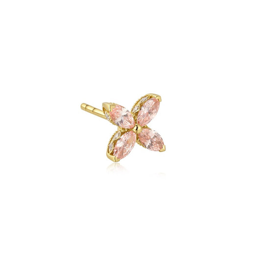 18K solid gold four-leaf clover stud earring with four pink diamonds