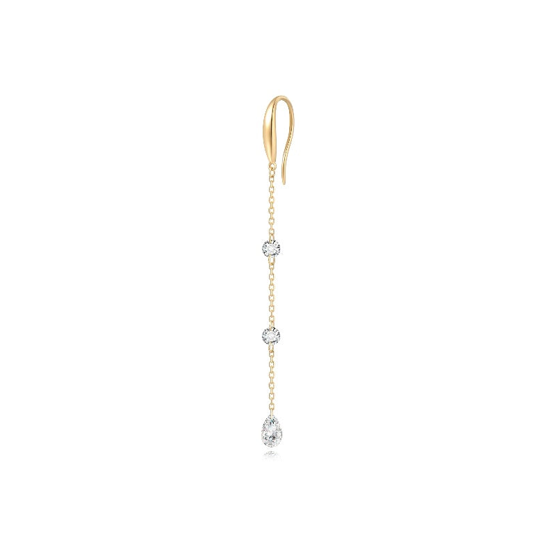 18K solid gold dangle hoop with a chain sequence of two round and one pear diamond