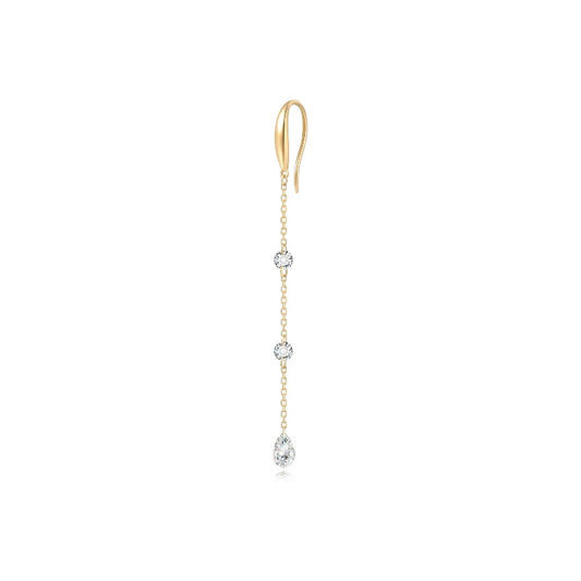 18K solid gold dangle hoop with a chain sequence of two round and one pear diamond