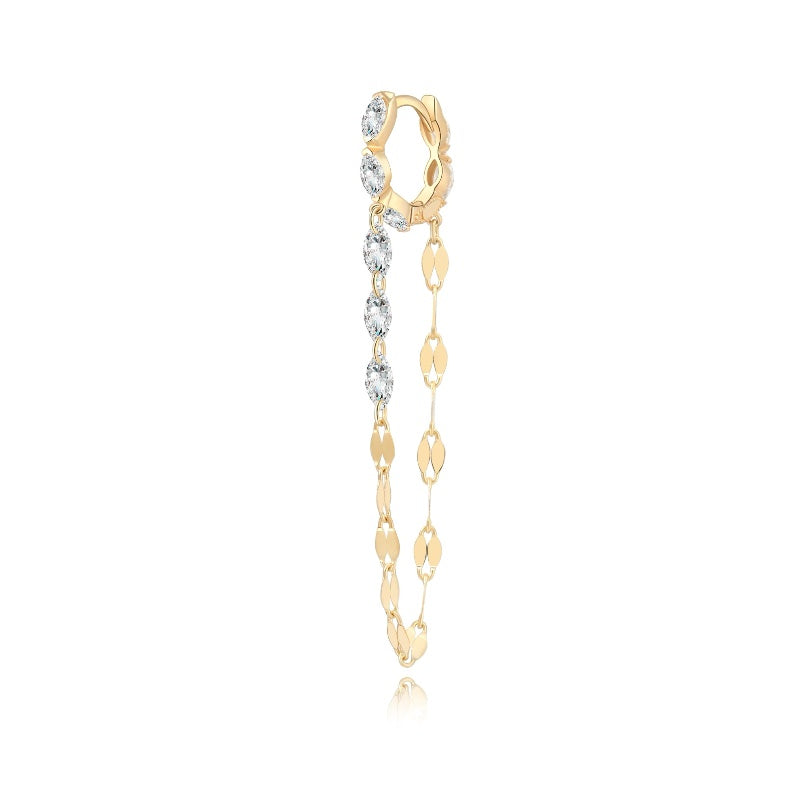 A professional front-facing studio shot of the Marquise and Chain Dangle White Diamond Hoop from the LTM Jewels Geometric Sway collection. This 18K solid gold (Au750) earring features a 7mm huggie hoop set with five marquise diamonds and a suspended gold chain holding three additional white marquise stones. The high-contrast white background emphasizes the architectural liquid light effect and the sophisticated brilliance of the 0.40ctw lab-grown diamond arrangement.