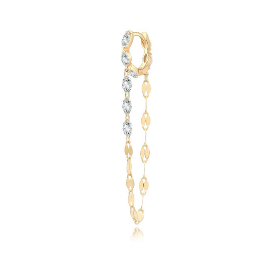 A professional front-facing studio shot of the Marquise and Chain Dangle White Diamond Hoop from the LTM Jewels Geometric Sway collection. This 18K solid gold (Au750) earring features a 7mm huggie hoop set with five marquise diamonds and a suspended gold chain holding three additional white marquise stones. The high-contrast white background emphasizes the architectural liquid light effect and the sophisticated brilliance of the 0.40ctw lab-grown diamond arrangement.