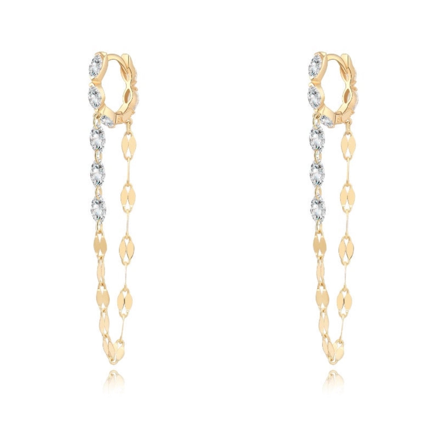 A professional front-facing studio shot of the Marquise and Chain Dangle White Diamond Hoop from the LTM Jewels Geometric Sway collection. This 18K solid gold (Au750) earring features a 7mm huggie hoop set with five marquise diamonds and a suspended gold chain holding three additional white marquise stones. The high-contrast white background emphasizes the architectural liquid light effect and the sophisticated brilliance of the 0.40ctw lab-grown diamond arrangement.