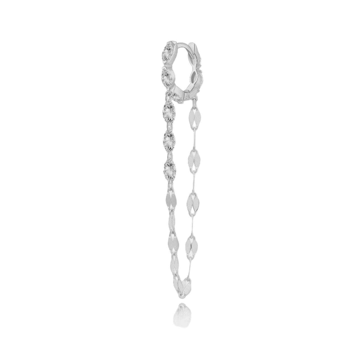 A professional front-facing studio shot of the Marquise and Chain Dangle White Diamond Hoop from the LTM Jewels Geometric Sway collection. This 18K solid gold (Au750) earring features a 7mm huggie hoop set with five marquise diamonds and a suspended gold chain holding three additional white marquise stones. The high-contrast white background emphasizes the architectural liquid light effect and the sophisticated brilliance of the 0.40ctw lab-grown diamond arrangement.