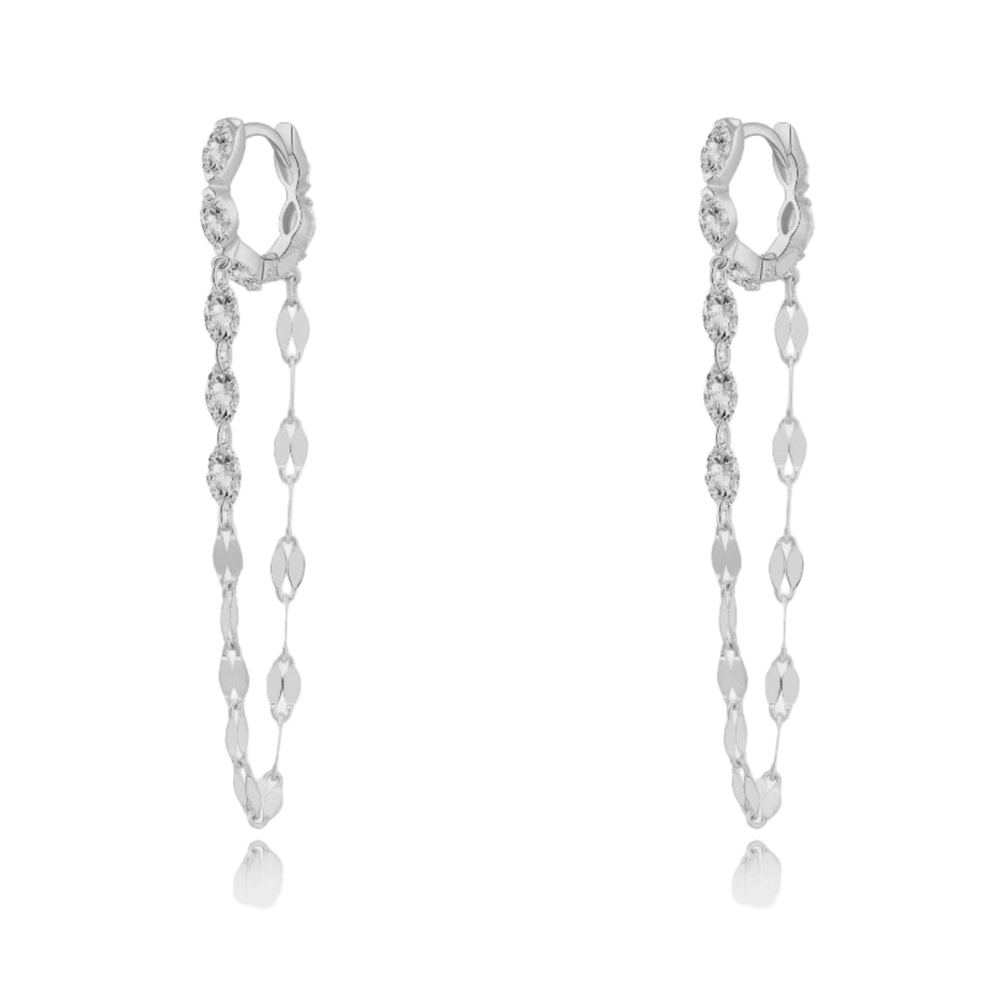 A professional front-facing studio shot of the Marquise and Chain Dangle White Diamond Hoop from the LTM Jewels Geometric Sway collection. This 18K solid gold (Au750) earring features a 7mm huggie hoop set with five marquise diamonds and a suspended gold chain holding three additional white marquise stones. The high-contrast white background emphasizes the architectural liquid light effect and the sophisticated brilliance of the 0.40ctw lab-grown diamond arrangement.