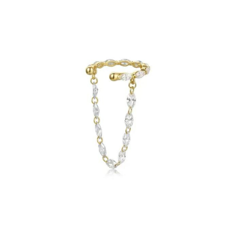 18K solid gold ear cuff with a full marquise diamond link chain dangle