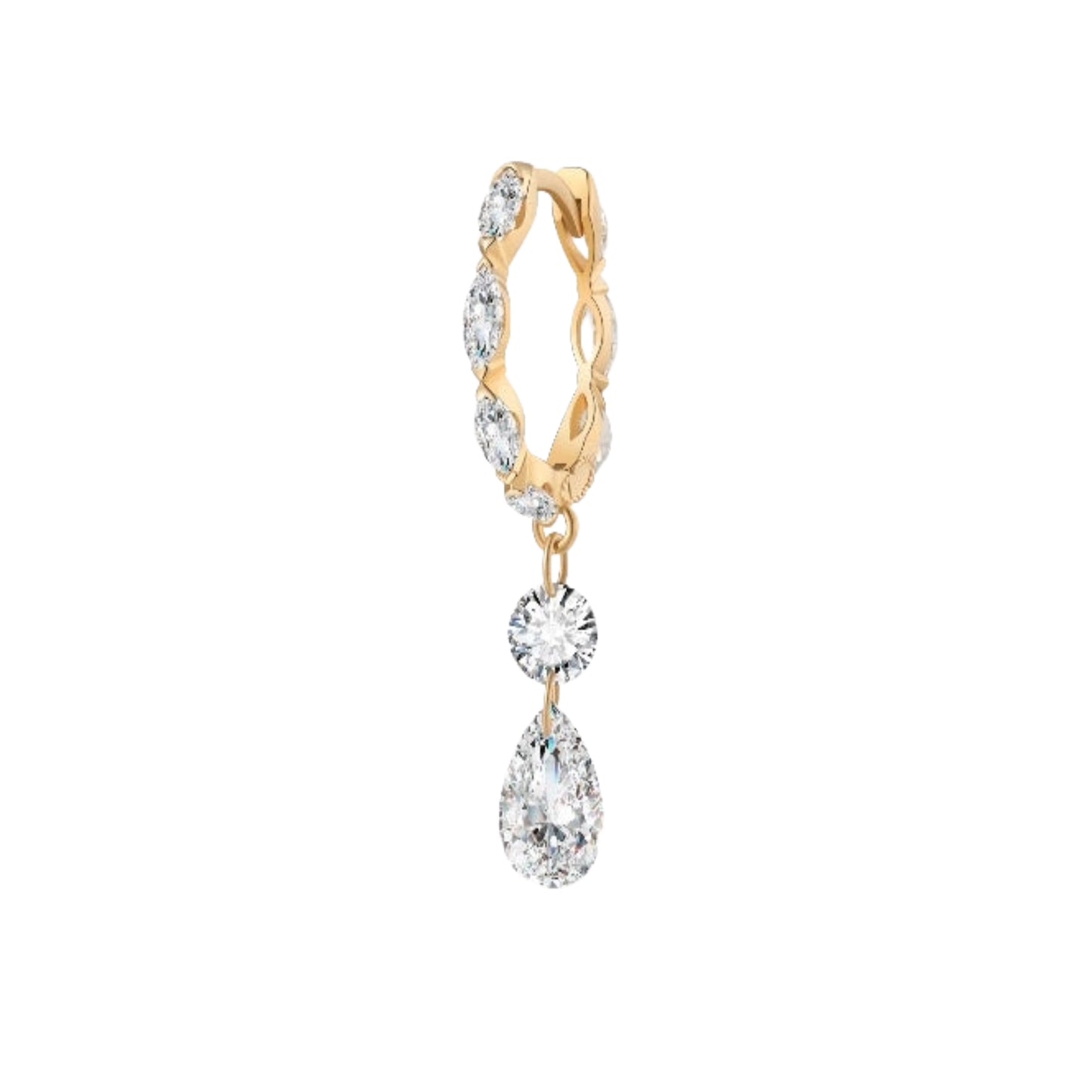18K solid gold marquise diamond hoop with a floating pear and round diamond dangle