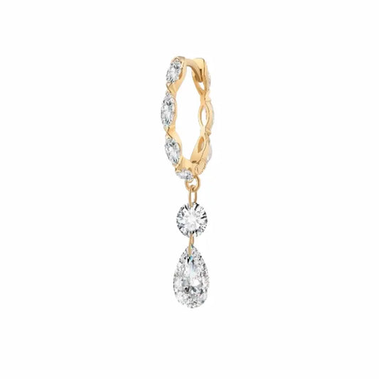 LTM & CO.™ Floating Marquise White Diamond Dangle Hoop from the Floating Brilliance collection. Features a laser-drilled marquise lab diamond suspended from a polished 18K solid gold (Au750) hoop. The signature setting-free design creates a weightless floating effect, maximizing light and modern elegance.