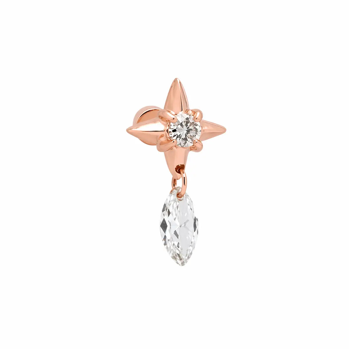 LTM & CO.™ Star Floating Marquise Diamond Dangle Threaded Stud from the Architectural Rhythm collection. Features an 18K solid gold star post and a laser-drilled floating marquise lab diamond dangle. A modern, geometric piece blending celestial motifs with weightless, setting-free technology for sustainable, fine jewelry luxury.