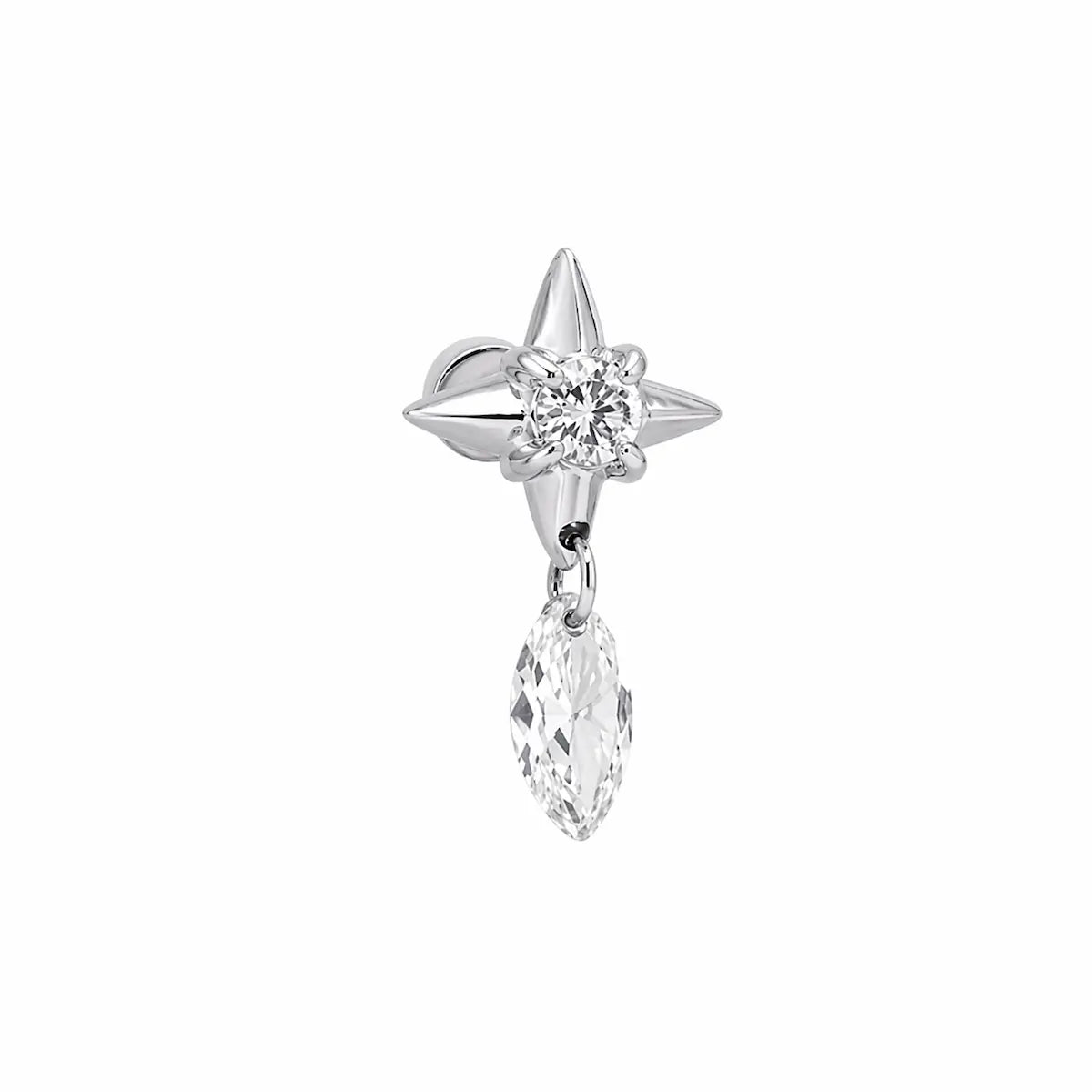 LTM & CO.™ Star Floating Marquise Diamond Dangle Threaded Stud from the Architectural Rhythm collection. Features an 18K solid gold star post and a laser-drilled floating marquise lab diamond dangle. A modern, geometric piece blending celestial motifs with weightless, setting-free technology for sustainable, fine jewelry luxury.