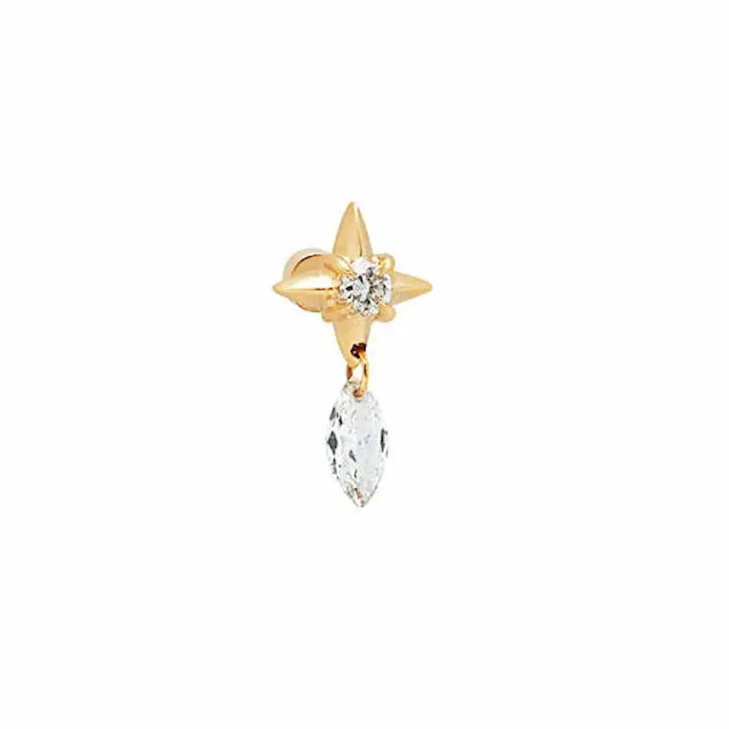 LTM & CO.™ Star Floating Marquise Diamond Dangle Threaded Stud from the Architectural Rhythm collection. Features an 18K solid gold star post and a laser-drilled floating marquise lab diamond dangle. A modern, geometric piece blending celestial motifs with weightless, setting-free technology for sustainable, fine jewelry luxury.