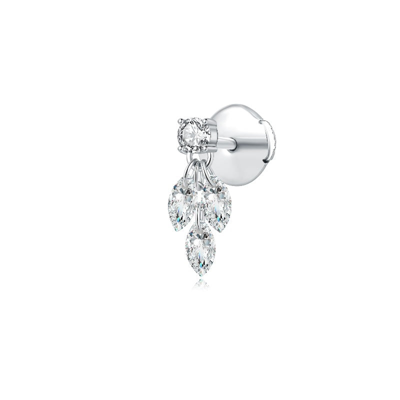18K solid gold piercing stud with a round diamond and three marquise dangles.