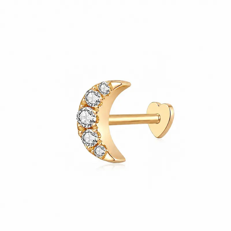 18K solid gold Diamond Crescent Moon Stud featuring precision-set natural white diamonds arranged along a sculptural crescent moon silhouette. The lightweight celestial design creates refined brilliance, minimalist elegance, and modern luxury curated ear styling.