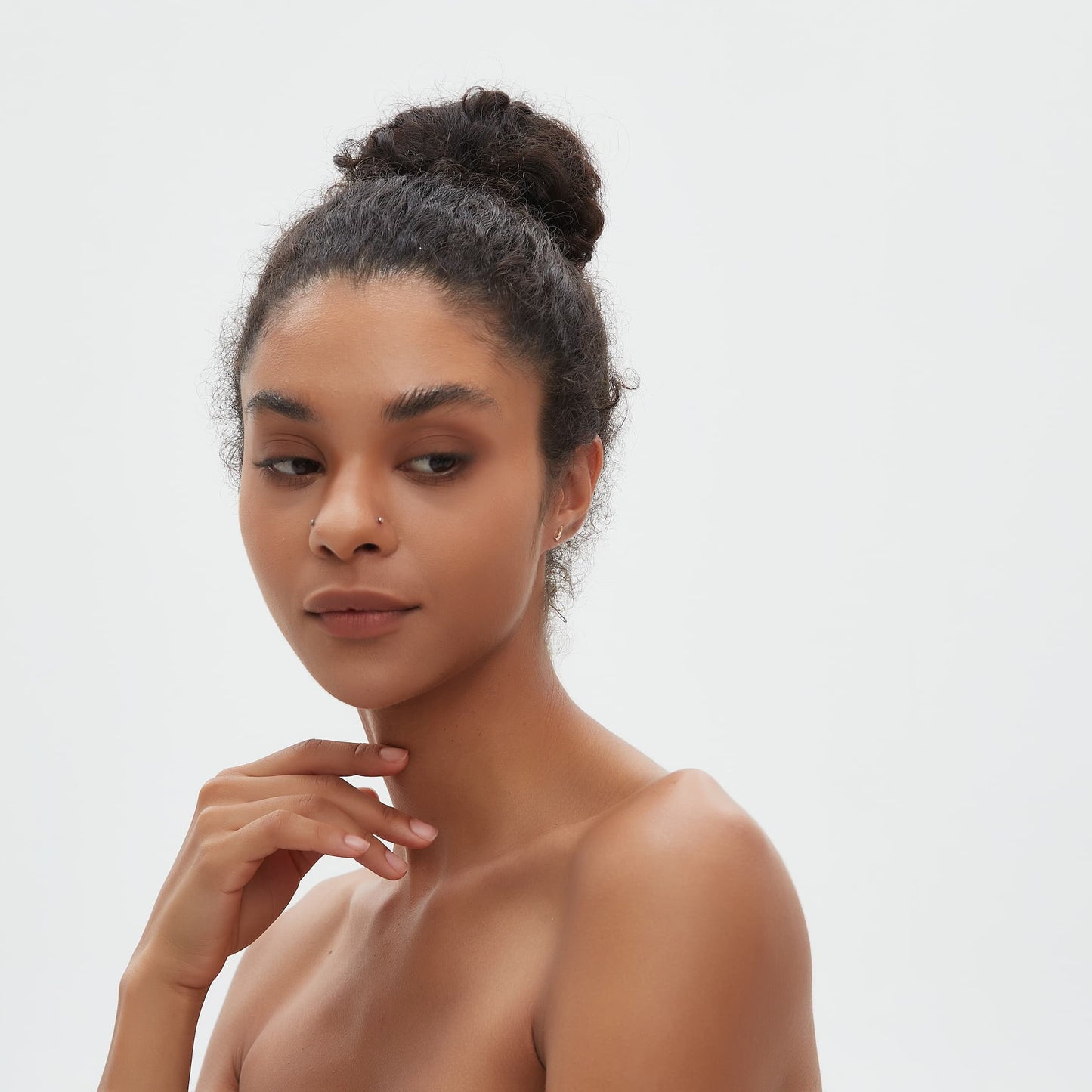 Model wearing natural diamond moon threaded stud earring