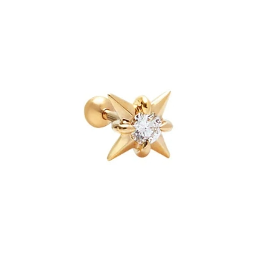 A high-resolution studio photograph of the Natural Star Round Threaded Stud from the LTM Jewels Pure Brilliance collection. This 18K solid gold stud features a precision-sculpted star motif centered with a 0.08ct natural round brilliant diamond of VS1 clarity and E color. The image highlights the high-polish AU750 gold finish and the secure professional threaded screw back design against a clean background, showcasing its status as a timeless celestial heirloom.