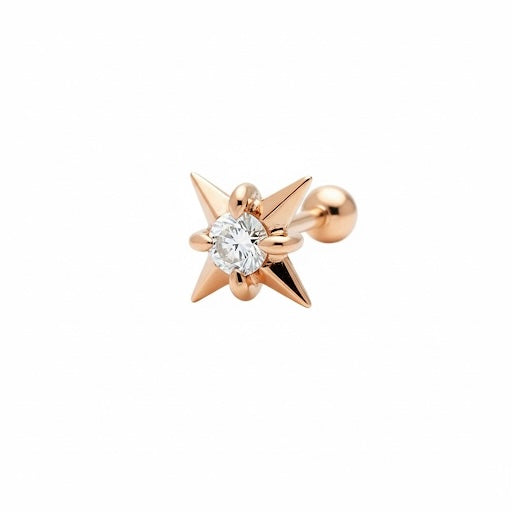 A high-resolution studio photograph of the Natural Star Round Threaded Stud from the LTM Jewels Pure Brilliance collection. This 18K solid gold stud features a precision-sculpted star motif centered with a 0.08ct natural round brilliant diamond of VS1 clarity and E color. The image highlights the high-polish AU750 gold finish and the secure professional threaded screw back design against a clean background, showcasing its status as a timeless celestial heirloom.