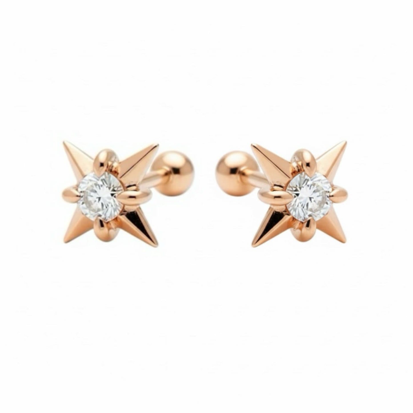 A high-resolution studio photograph of the Natural Star Round Threaded Stud from the LTM Jewels Pure Brilliance collection. This 18K solid gold stud features a precision-sculpted star motif centered with a 0.08ct natural round brilliant diamond of VS1 clarity and E color. The image highlights the high-polish AU750 gold finish and the secure professional threaded screw back design against a clean background, showcasing its status as a timeless celestial heirloom.