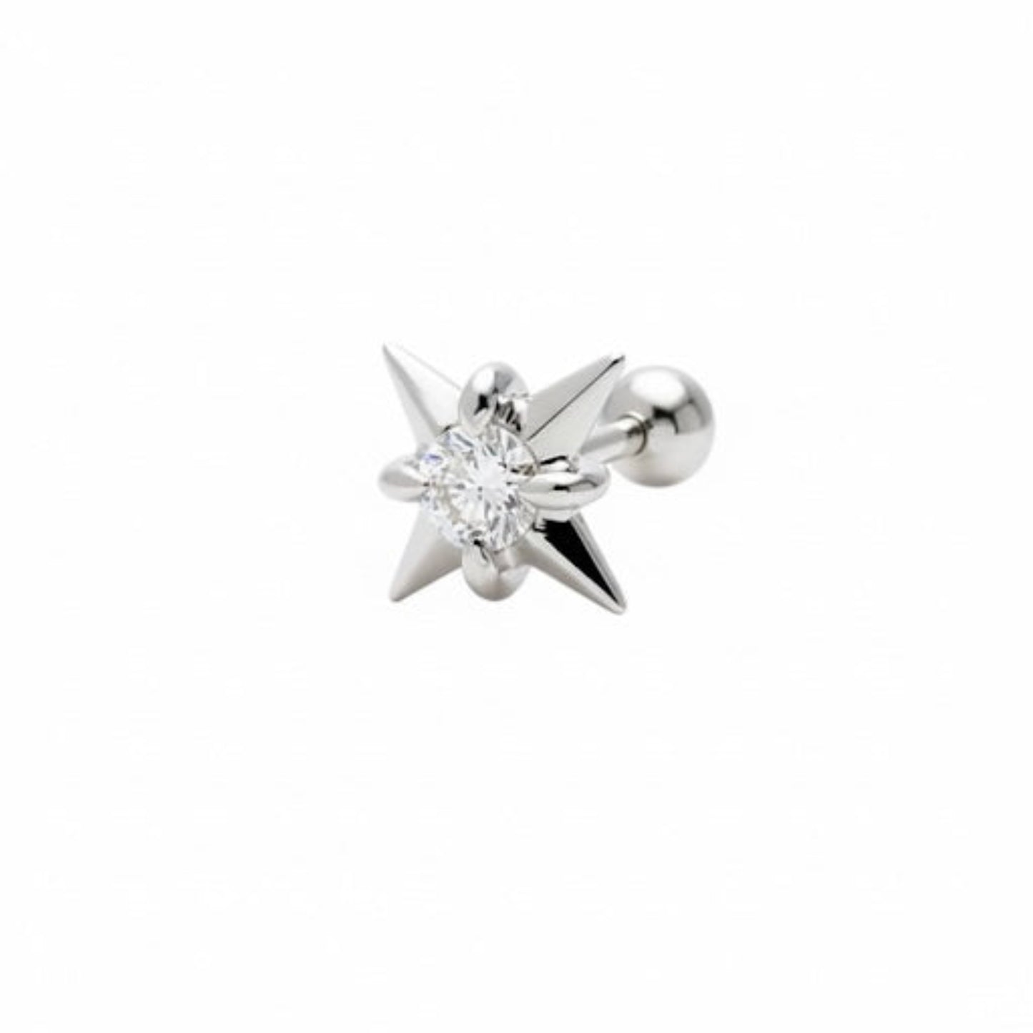 A high-resolution studio photograph of the Natural Star Round Threaded Stud from the LTM Jewels Pure Brilliance collection. This 18K solid gold stud features a precision-sculpted star motif centered with a 0.08ct natural round brilliant diamond of VS1 clarity and E color. The image highlights the high-polish AU750 gold finish and the secure professional threaded screw back design against a clean background, showcasing its status as a timeless celestial heirloom.