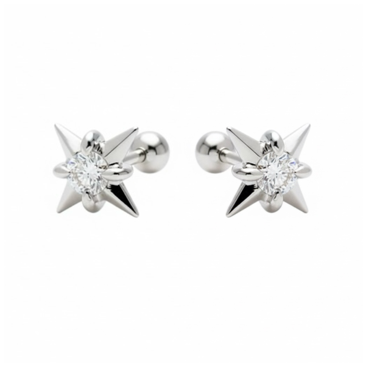 A high-resolution studio photograph of the Natural Star Round Threaded Stud from the LTM Jewels Pure Brilliance collection. This 18K solid gold stud features a precision-sculpted star motif centered with a 0.08ct natural round brilliant diamond of VS1 clarity and E color. The image highlights the high-polish AU750 gold finish and the secure professional threaded screw back design against a clean background, showcasing its status as a timeless celestial heirloom.