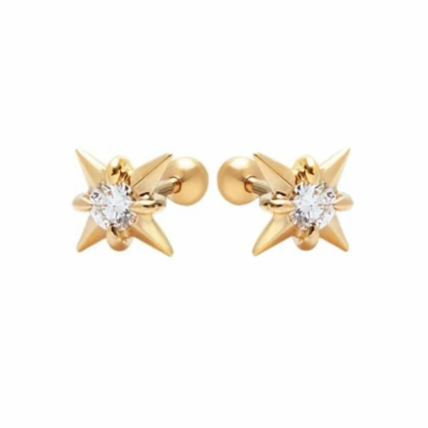 A high-resolution studio photograph of the Natural Star Round Threaded Stud from the LTM Jewels Pure Brilliance collection. This 18K solid gold stud features a precision-sculpted star motif centered with a 0.08ct natural round brilliant diamond of VS1 clarity and E color. The image highlights the high-polish AU750 gold finish and the secure professional threaded screw back design against a clean background, showcasing its status as a timeless celestial heirloom.