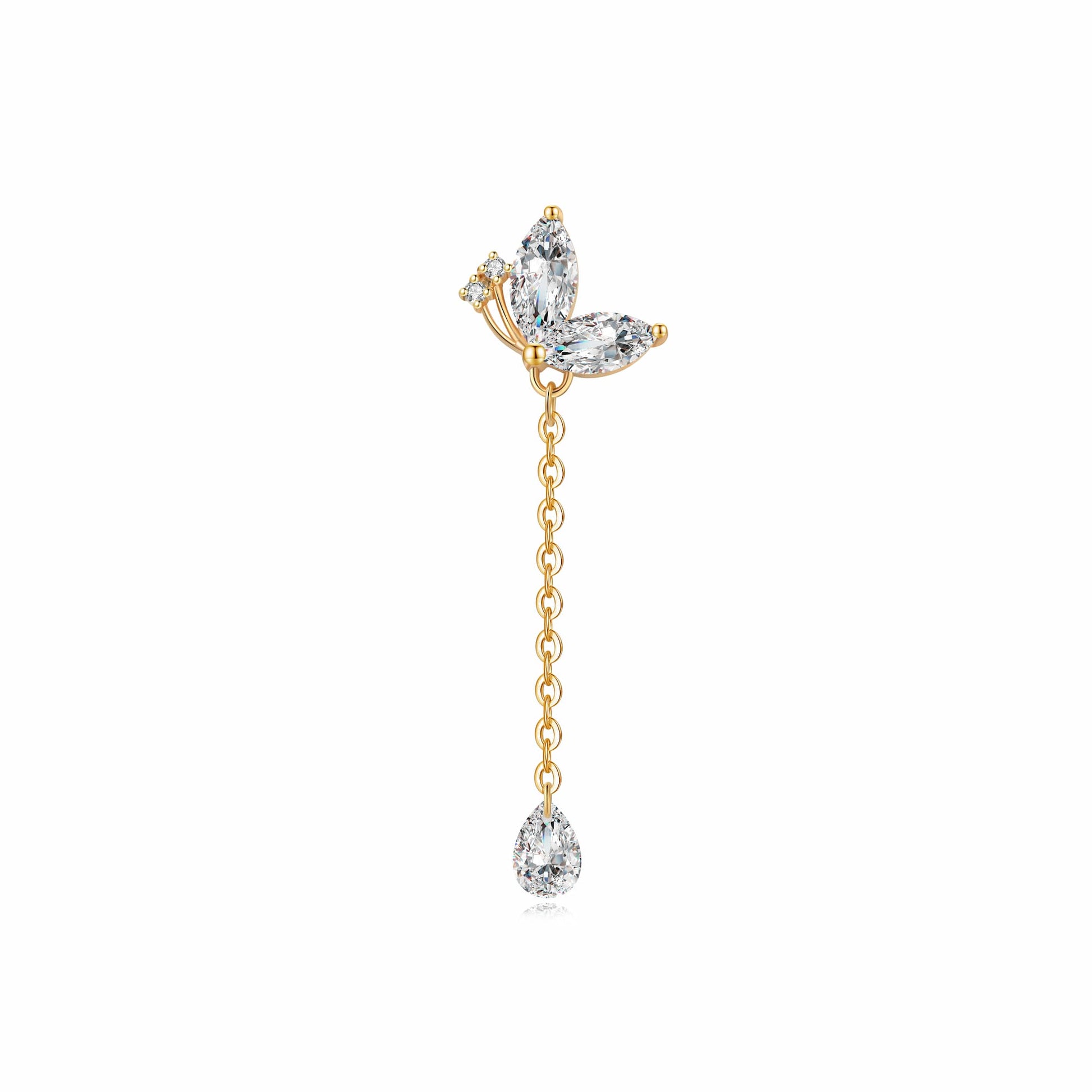A studio photo of the Pear Butterfly Dangle Stud from LTM Jewels. Features a delicate 18K solid gold butterfly motif linked to a 0.20ct pear-shaped diamond dangle (0.688ctw total). Shows the premium AU750 finish and threaded screw back.