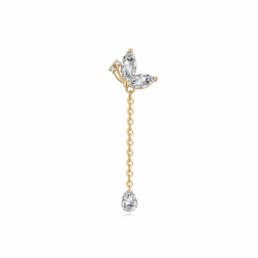 A studio photo of the Pear Butterfly Dangle Stud from LTM Jewels. Features a delicate 18K solid gold butterfly motif linked to a 0.20ct pear-shaped diamond dangle (0.688ctw total). Shows the premium AU750 finish and threaded screw back.