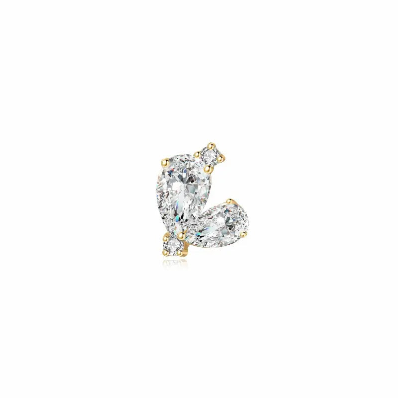 A high-resolution studio photograph of the Pear Diamond Threaded Stud from the LTM Jewels Eternal Heart collection. This 18K solid gold stud features two premium pear-cut lab-grown diamonds of VVS-VS clarity and D-E color, meticulously paired to create a modern heart silhouette. The image highlights the high-polish AU750 gold finish and the secure professional threaded screw back design against a clean background, showcasing its status as a timeless and cinematic heirloom for all genders.