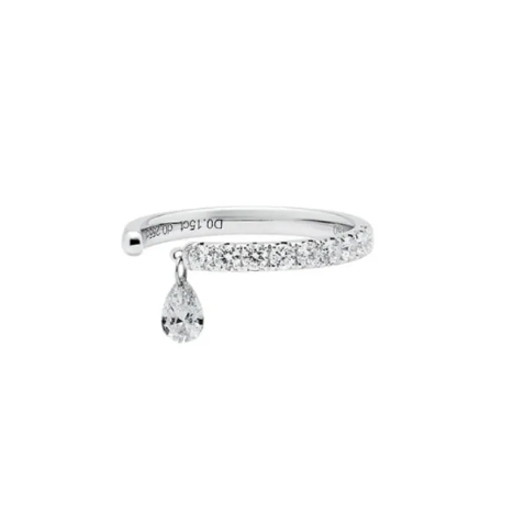 18K solid gold ring with a dangling pear diamond and pave-set diamond band