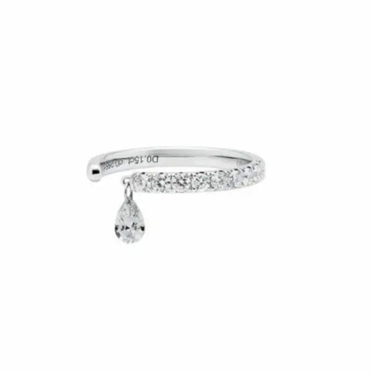 Pear diamond ring handcrafted in 18K solid gold featuring a 0.15ct lab grown pear-cut diamond suspended in a floating drop design. Pavé-set lab diamonds along half the band add continuous sparkle. Modern luxury fine jewelry designed by LTM Jewels for elegant everyday wear and timeless sophistication.