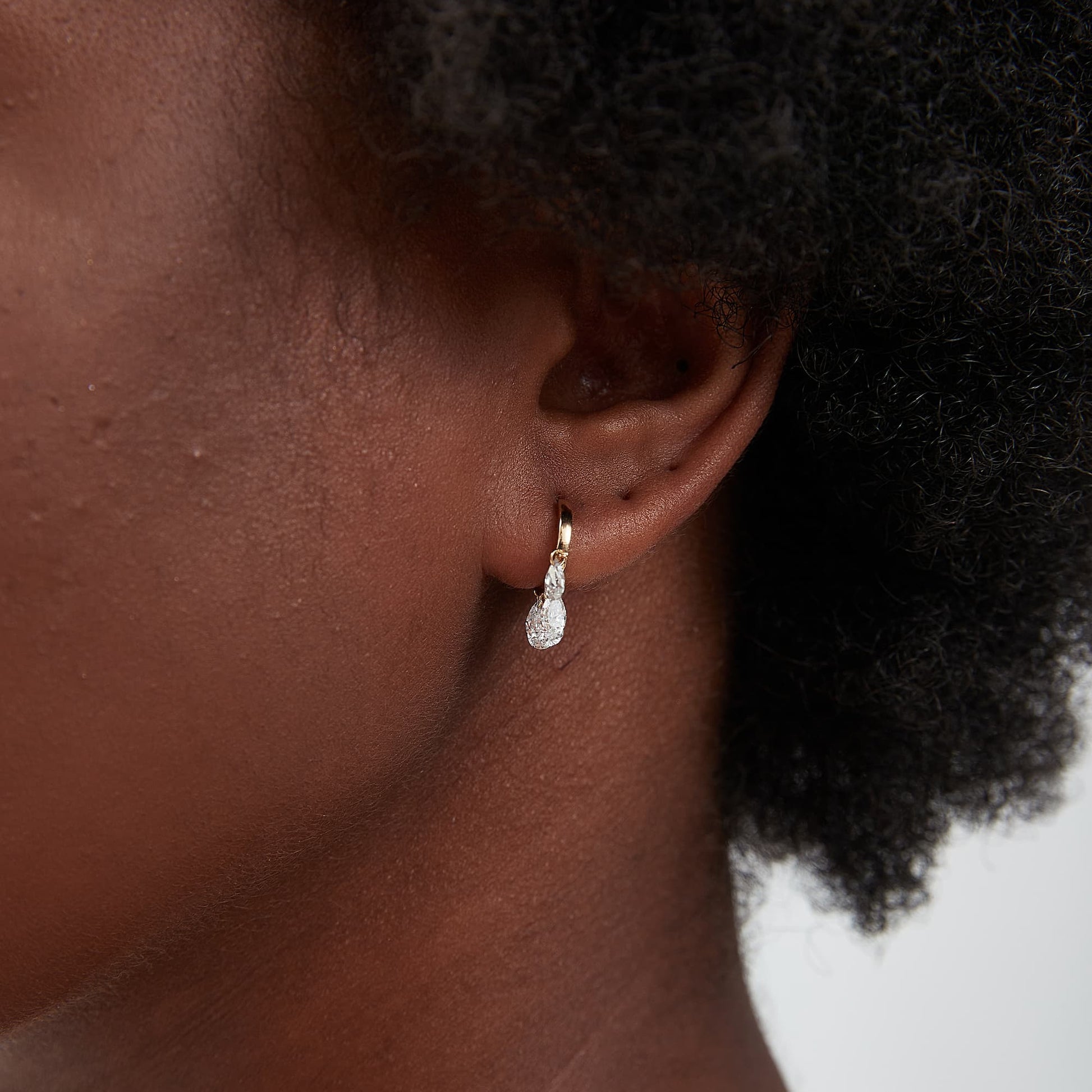 Close-up detail of five 0.15ct pear-cut diamonds in 18K solid gold setting