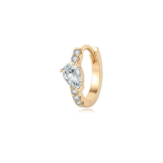 A high-resolution studio photograph of the Pear Pavé Hoop from the LTM Jewels Amorous Contour collection. This 18K solid gold 8mm hoop features a brilliant pear-shaped diamond centerpiece and a graduating path of round diamonds totaling 0.183ctw. The image highlights the high-polish AU750 gold finish and the integrated hinge closure against a clean background, showcasing its status as a high-fashion minimalist heirloom with VVS-VS clarity and D-E colorless diamonds.