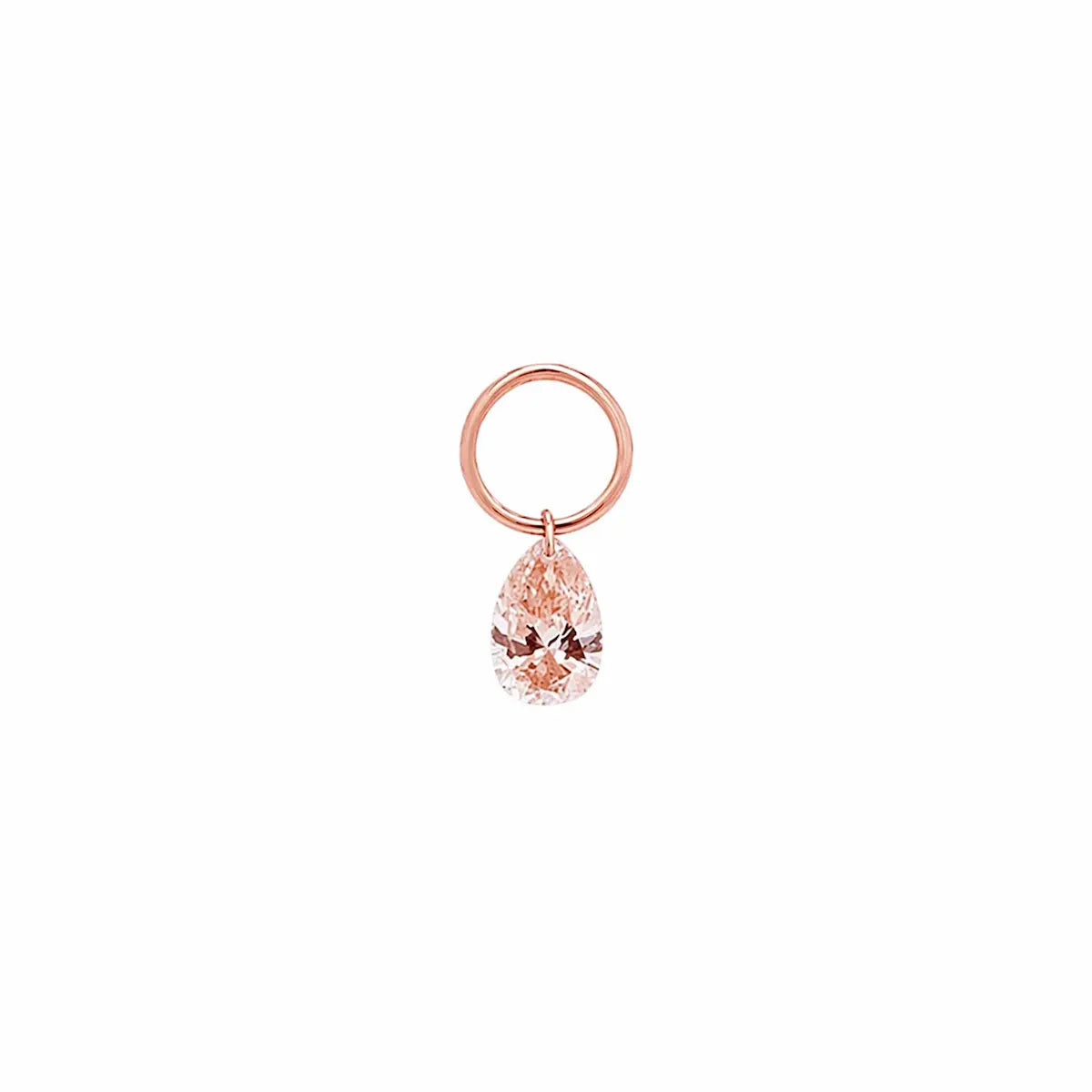 A high-resolution studio photograph of the Pear Pink Diamond Earring Charm from the LTM Jewels Blush Symphony collection. Handcrafted in 18K solid gold, the charm features a fancy light pink pear-cut lab-grown diamond in a minimalist laser-drilled setting. The image highlights the high-polish AU750 gold jump ring and the weightless floating effect of the diamond against a clean background, showcasing its status as a romantic cinematic heirloom with VVS-VS clarity.