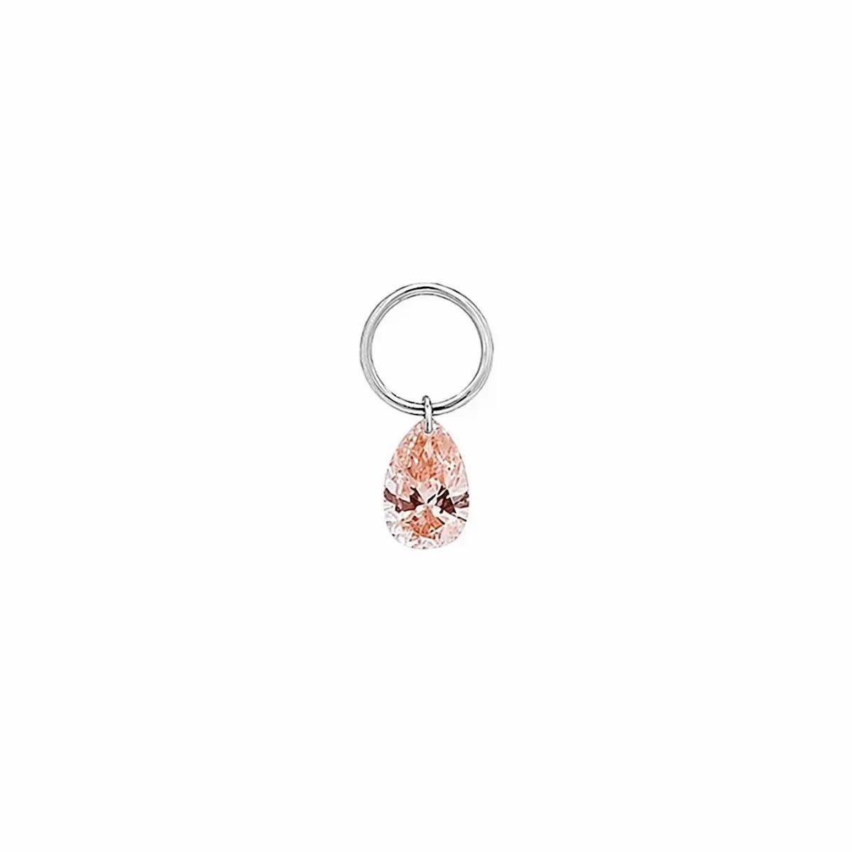 A high-resolution studio photograph of the Pear Pink Diamond Earring Charm from the LTM Jewels Blush Symphony collection. Handcrafted in 18K solid gold, the charm features a fancy light pink pear-cut lab-grown diamond in a minimalist laser-drilled setting. The image highlights the high-polish AU750 gold jump ring and the weightless floating effect of the diamond against a clean background, showcasing its status as a romantic cinematic heirloom with VVS-VS clarity.
