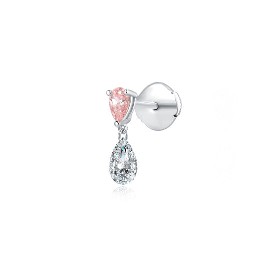 18K gold threaded stud with a 0.15ct pink pear and 0.3ct white diamond.