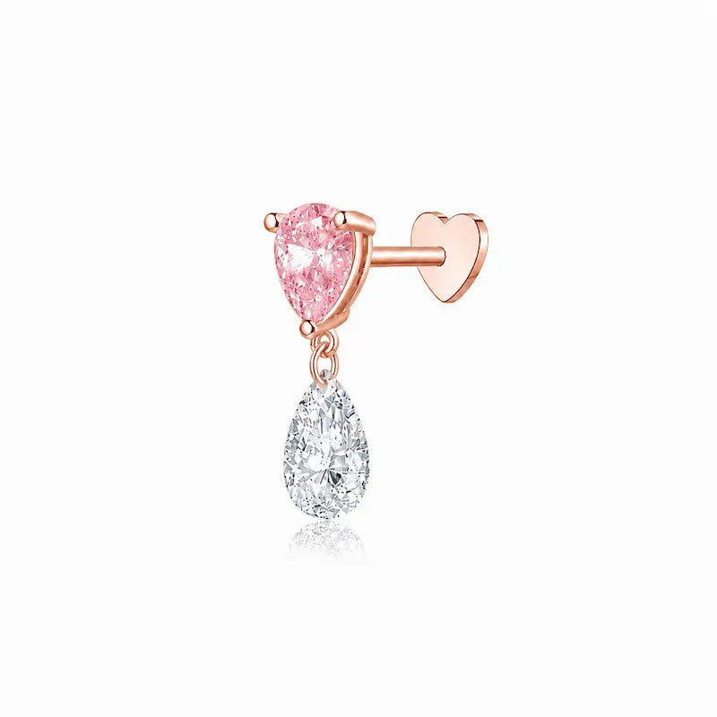 Pink Pear and White Lab Diamond Threaded Stud Earring in 18K solid gold by LTM & CO.™, featuring two-tone diamond design with soft pink and bright white contrast.