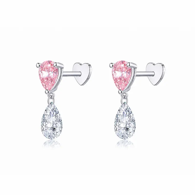 Pink Pear and White Lab Diamond Threaded Stud Earring in 18K solid gold by LTM & CO.™, featuring two-tone diamond design with soft pink and bright white contrast.