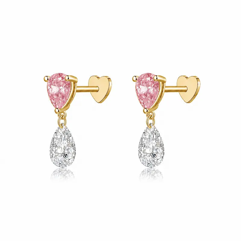 Pink Pear and White Lab Diamond Threaded Stud Earring in 18K solid gold by LTM & CO.™, featuring two-tone diamond design with soft pink and bright white contrast.